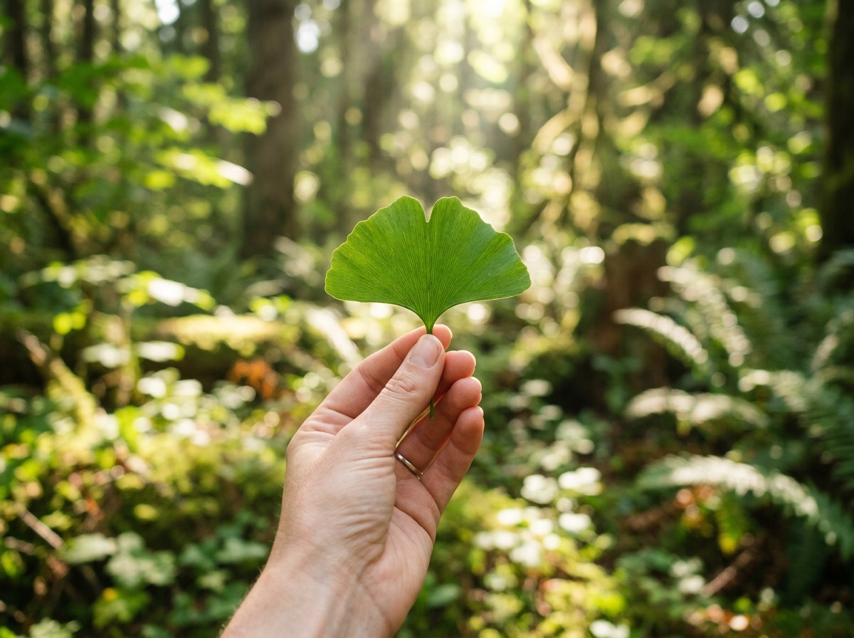 A close-up shot of a person's hand gently holding a vibrant green Ginkgo Biloba leaf, with a softly blurred background of a sun-dappled forest floor, conveying natural vitality and mental clarity.