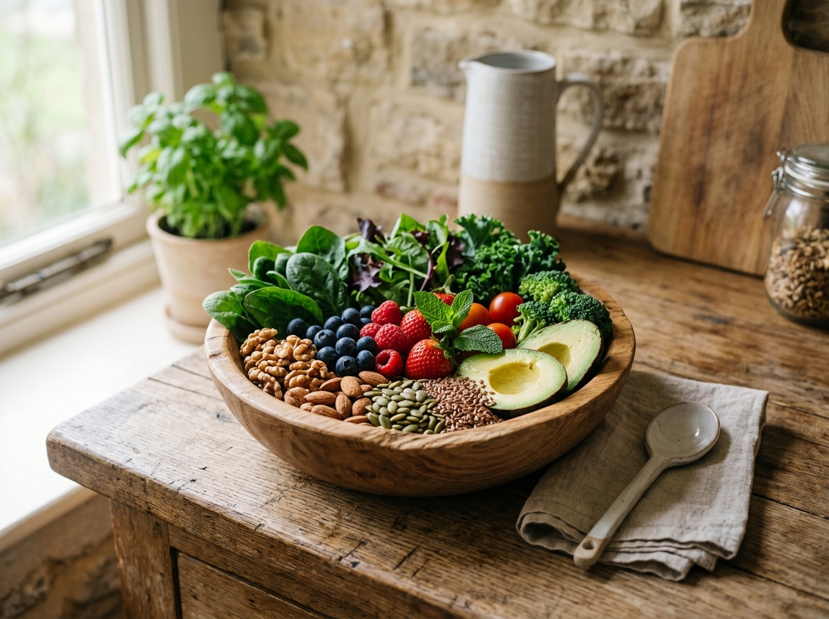 A vibrant still life of a wooden bowl filled with colorful fruits and vegetables (berries, leafy greens, nuts, seeds) on a rustic kitchen counter, with a subtle natural light source, suggesting a healthy and nourishing diet.