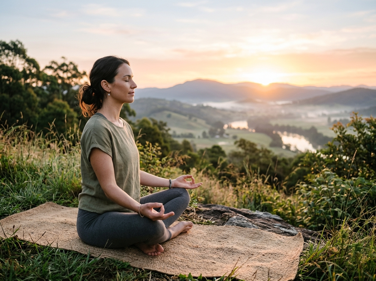 A serene image of a person meditating outdoors at dawn, with soft golden light illuminating their calm expression, symbolizing stress reduction and mental clarity.