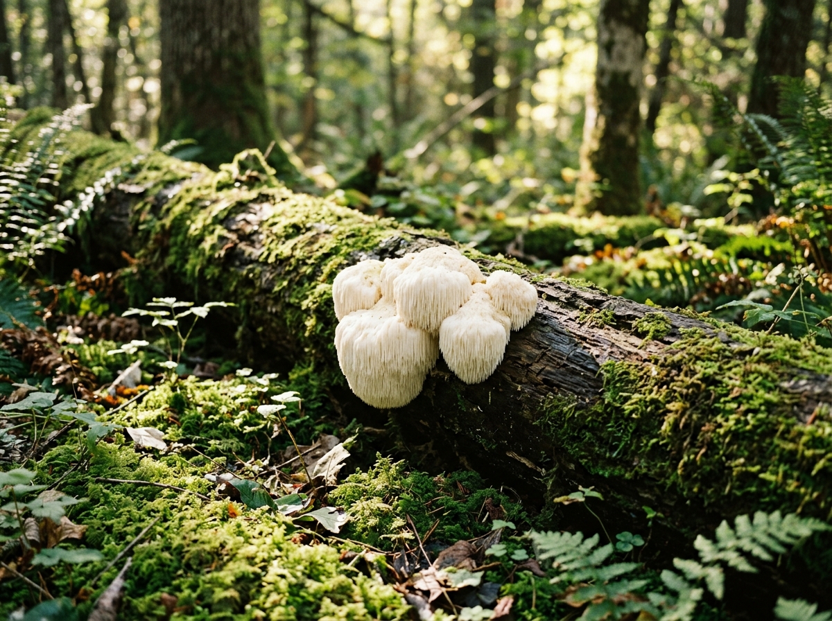 A serene forest floor covered in moss, with a cluster of distinctive, cascading Lion's Mane mushrooms growing on a fallen log, bathed in dappled sunlight.