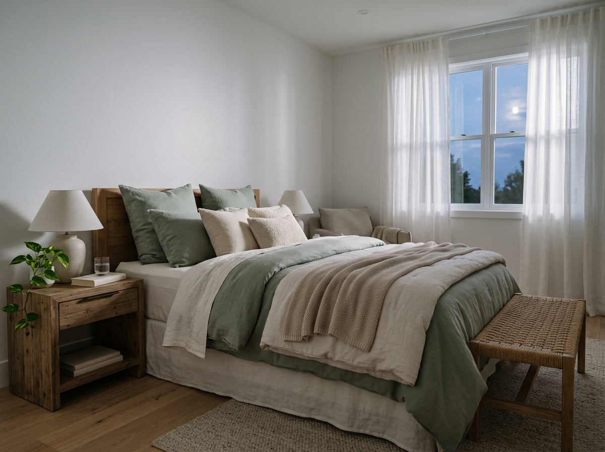 A serene bedroom scene at twilight, with soft moonlight filtering through sheer curtains, casting gentle shadows on a neatly made bed. The mood is peaceful and inviting.