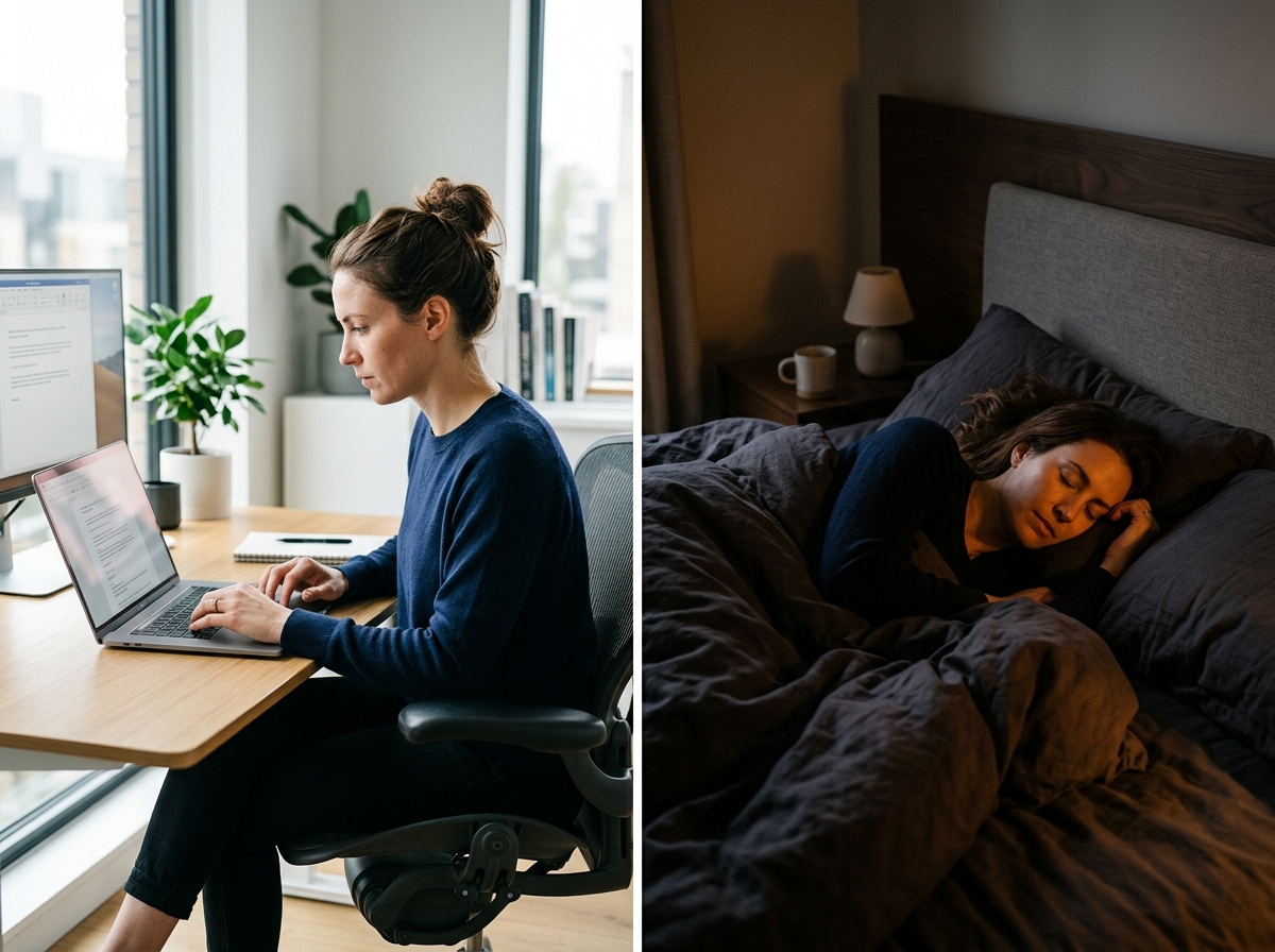 A split image: one side shows a person intensely focused on a laptop screen in a bright, modern workspace. The other side shows a person peacefully asleep in a dimly lit, cozy bedroom.