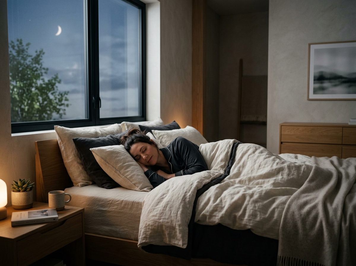 A dimly lit bedroom with soft moonlight filtering through the window, creating a serene and peaceful atmosphere.
