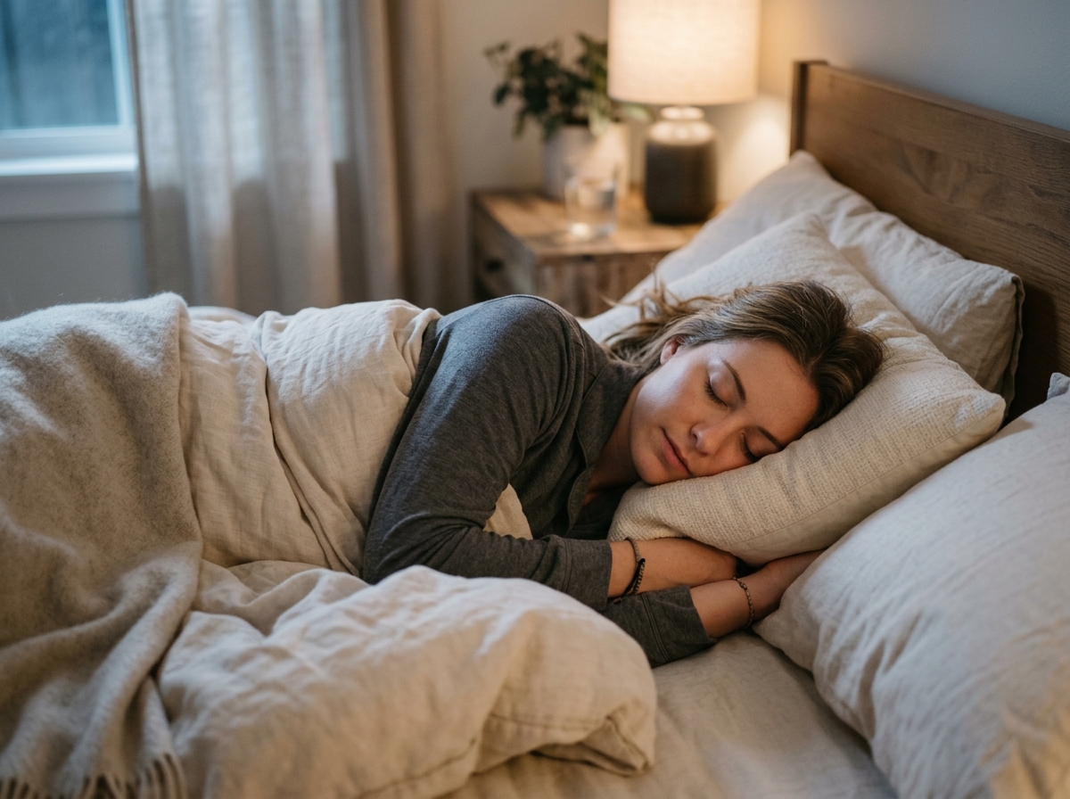 A close-up of a person sleeping peacefully in a comfortable bed, with soft, ambient lighting suggesting a calm night.