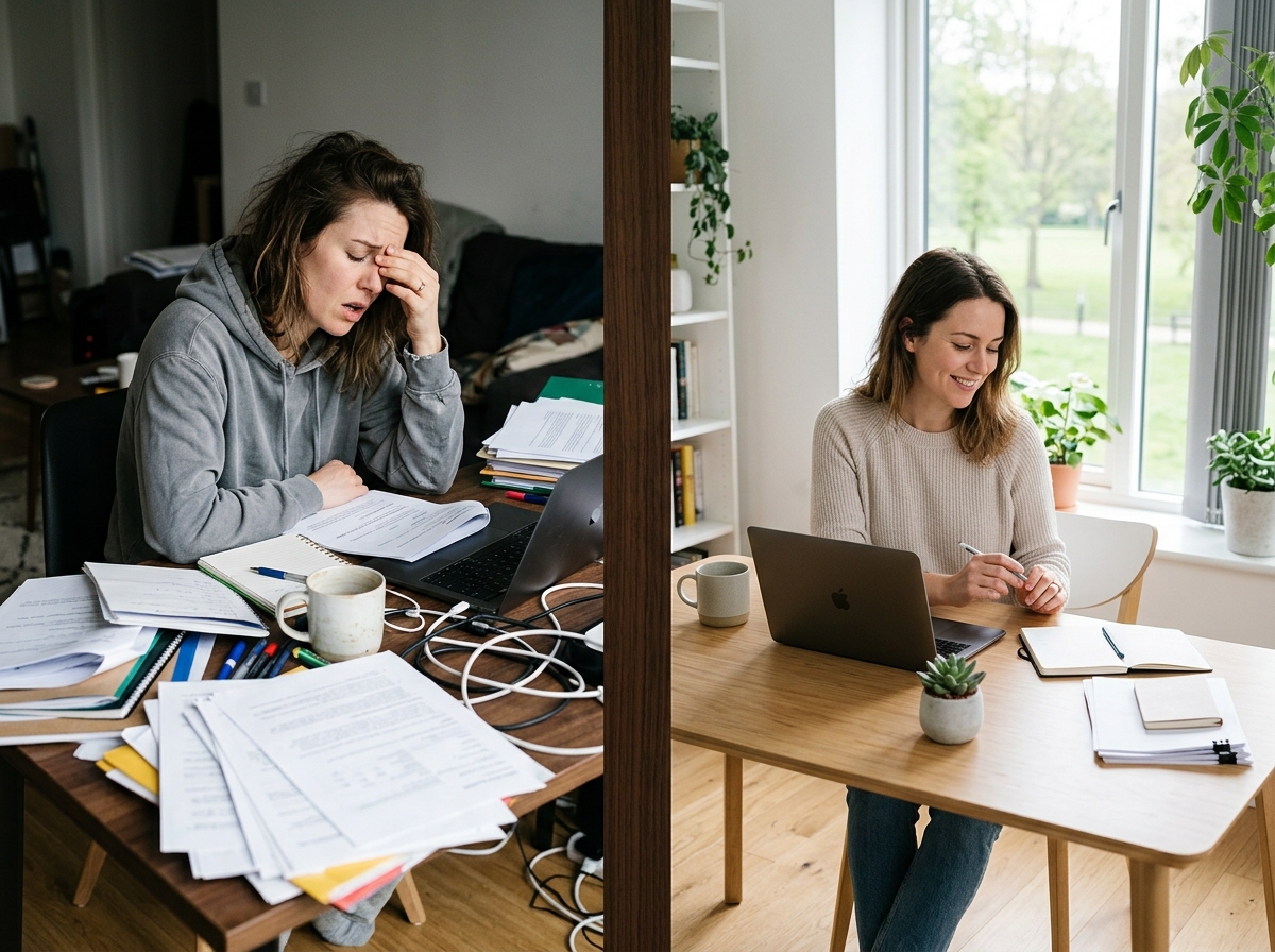 A split image: one side shows a chaotic desk with scattered papers and a stressed person, the other side shows a calm, organized workspace with a person looking relaxed.