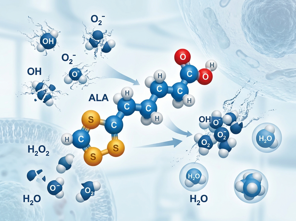 a molecular diagram showing the structure of Alpha-Lipoic Acid and its interaction with reactive oxygen species