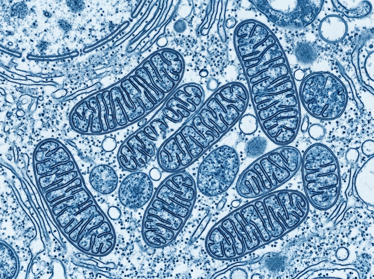 a microscopic image showing healthy mitochondria within a cell