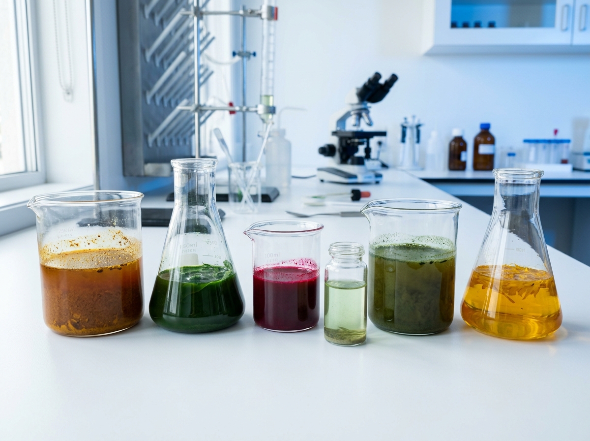a close-up of various botanical extracts in laboratory beakers, showcasing their natural colors and textures