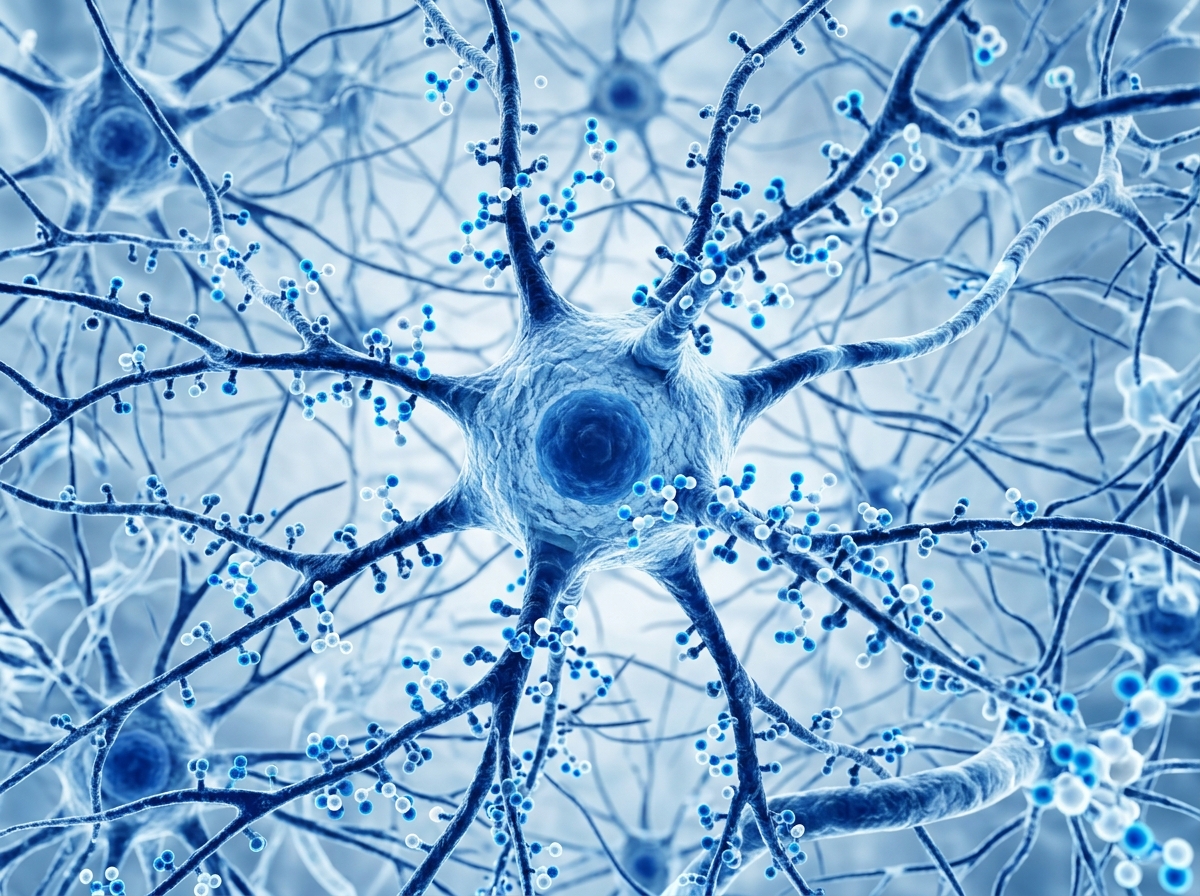 a microscopic view of antioxidant molecules interacting with brain cells