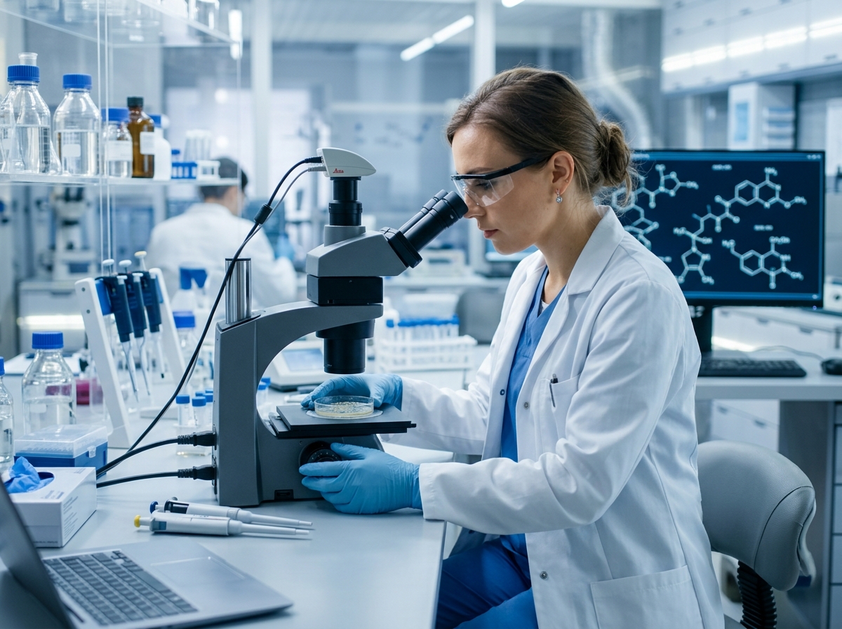 a lab technician examining a petri dish under a microscope, with chemical structures on a screen in the background