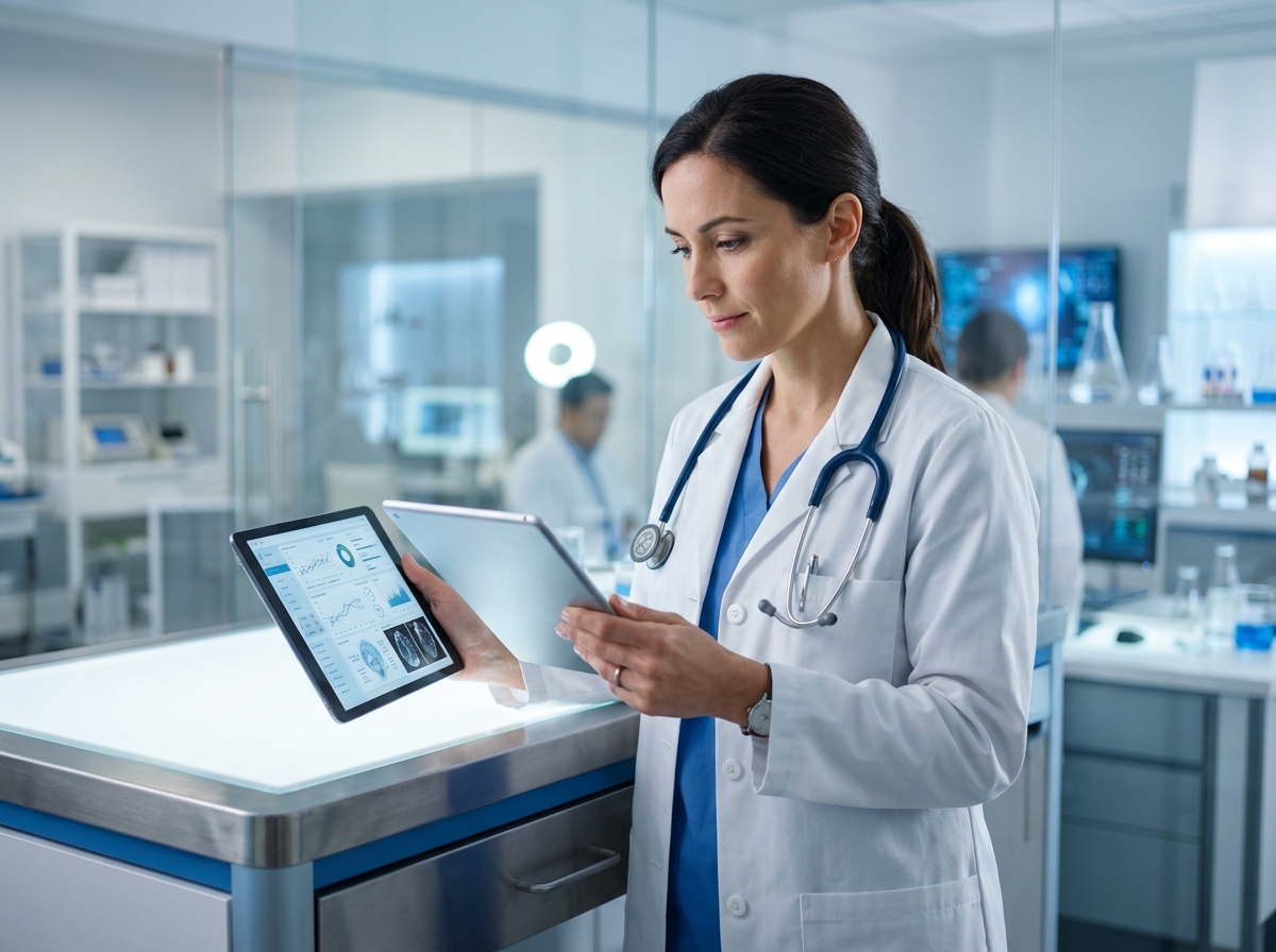 a medical professional reviewing patient charts on a tablet, with a stethoscope visible